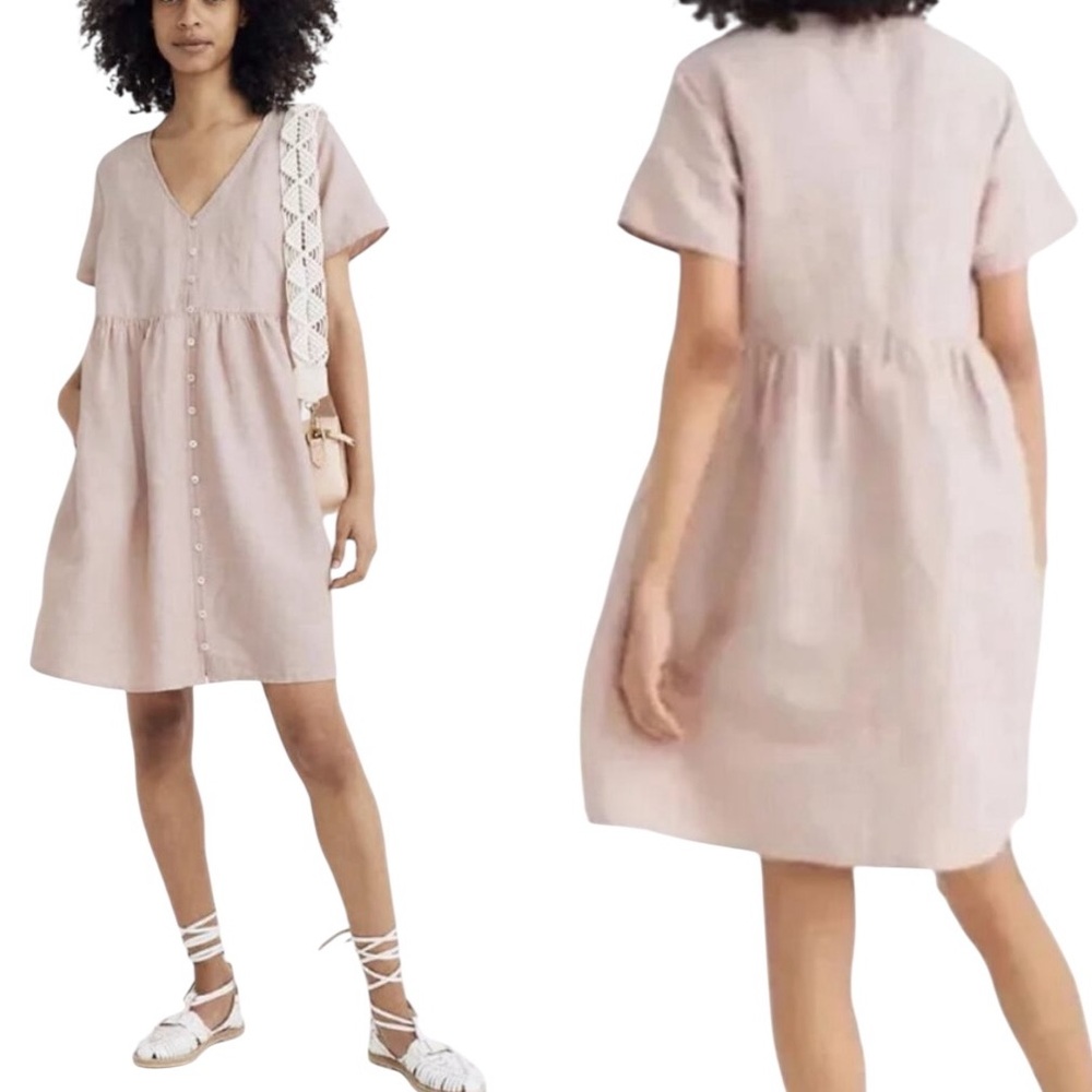 Madewell Alexandra Blush Pink Linen Blend Button Front  Mini Dress - M